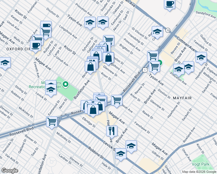 map of restaurants, bars, coffee shops, grocery stores, and more near 2203 Unruh Avenue in Philadelphia