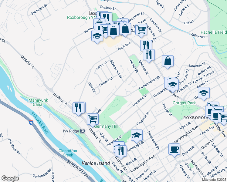 map of restaurants, bars, coffee shops, grocery stores, and more near 274 Parker Avenue in Philadelphia