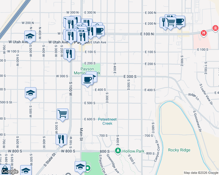 map of restaurants, bars, coffee shops, grocery stores, and more near 412 South 400 East in Payson