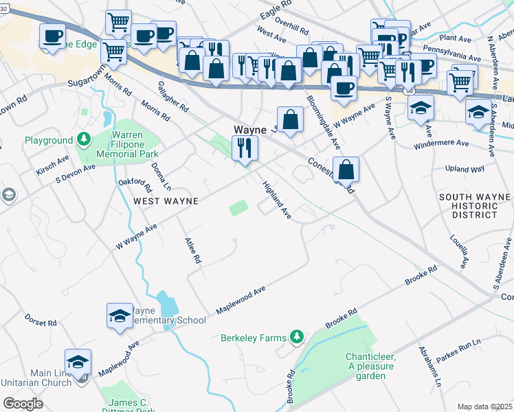 map of restaurants, bars, coffee shops, grocery stores, and more near 412 Fairview Drive in Wayne