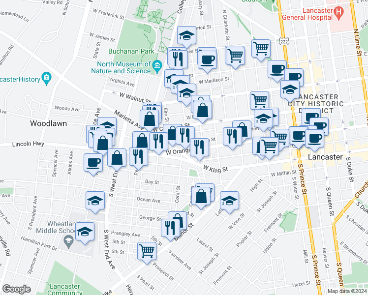 map of restaurants, bars, coffee shops, grocery stores, and more near 607 West Orange Street in Lancaster