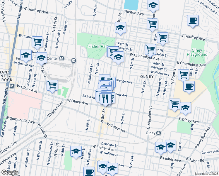 map of restaurants, bars, coffee shops, grocery stores, and more near 5721 North 5th Street in Philadelphia