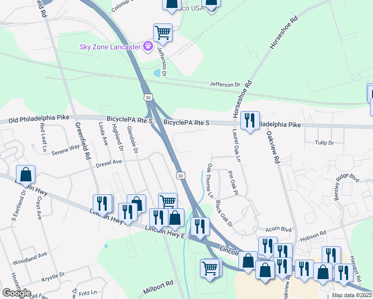 map of restaurants, bars, coffee shops, grocery stores, and more near 89 Midway Farms Lane in Lancaster