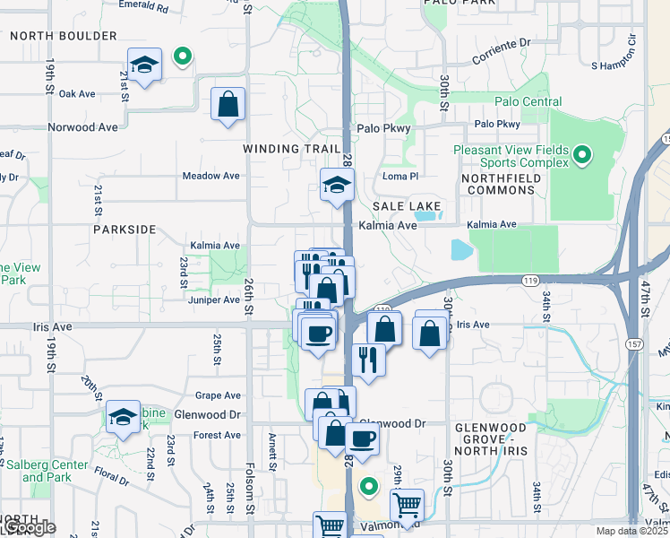 map of restaurants, bars, coffee shops, grocery stores, and more near 3478 28th Street in Boulder