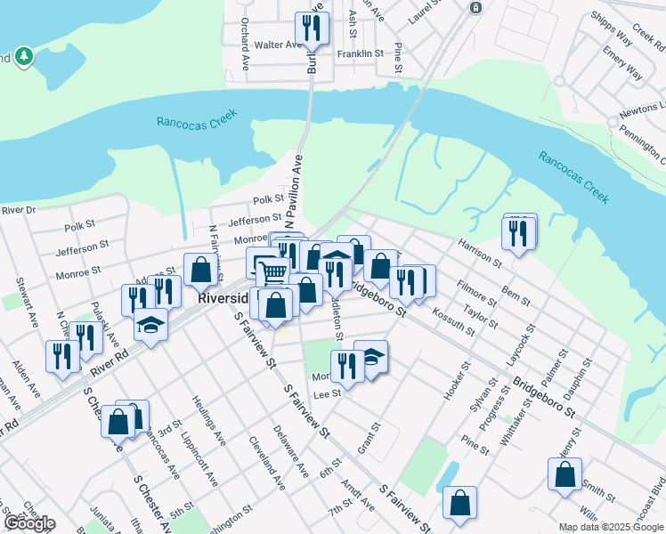 map of restaurants, bars, coffee shops, grocery stores, and more near 209 Bridgeboro Street in Riverside