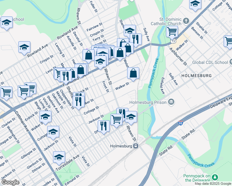 map of restaurants, bars, coffee shops, grocery stores, and more near 4316 Rhawn Street in Philadelphia