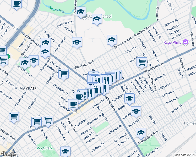 map of restaurants, bars, coffee shops, grocery stores, and more near 3451 Ryan Avenue in Philadelphia