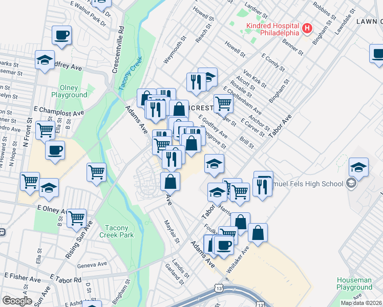 map of restaurants, bars, coffee shops, grocery stores, and more near 501 Adams Avenue in Philadelphia
