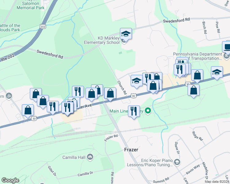 map of restaurants, bars, coffee shops, grocery stores, and more near 20 Maxwell Lane in Malvern