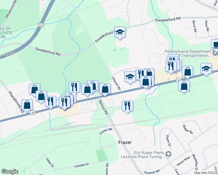 map of restaurants, bars, coffee shops, grocery stores, and more near 20 Maxwell Lane in Malvern