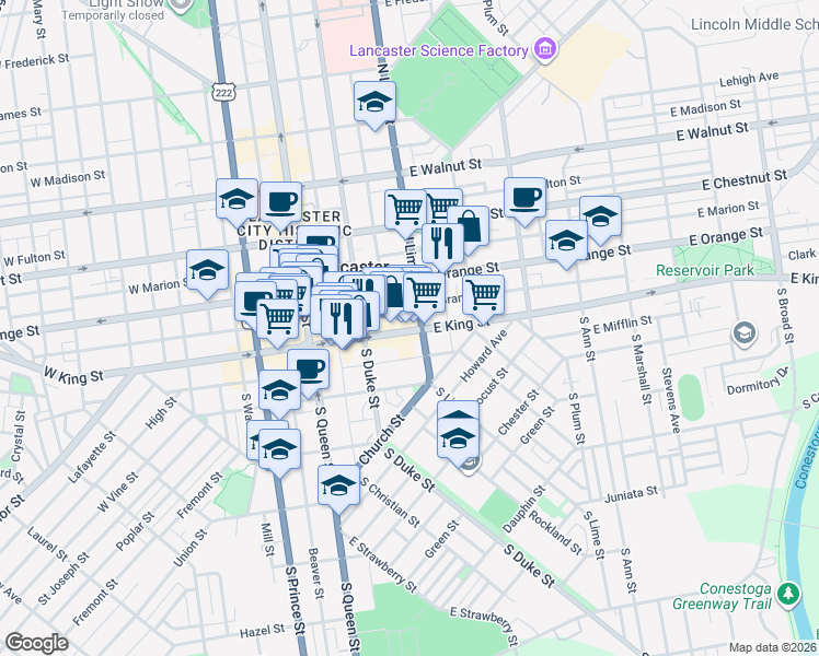 map of restaurants, bars, coffee shops, grocery stores, and more near 157 East King Street in Lancaster