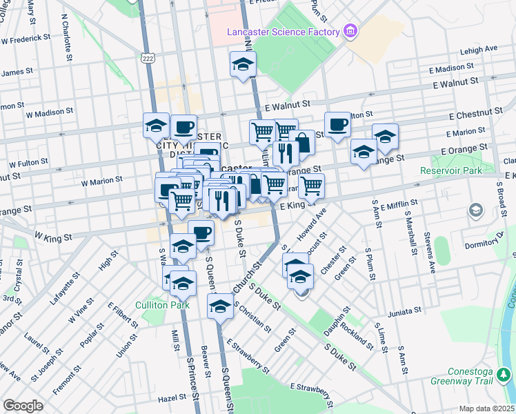 map of restaurants, bars, coffee shops, grocery stores, and more near 150 East King Street in Lancaster