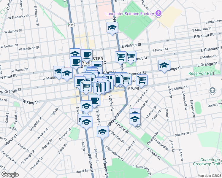 map of restaurants, bars, coffee shops, grocery stores, and more near 100 East King Street in Lancaster