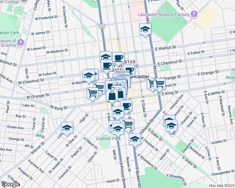 map of restaurants, bars, coffee shops, grocery stores, and more near 2 West Grant Street in Lancaster
