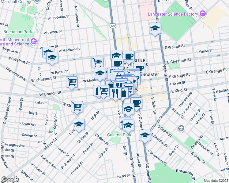 map of restaurants, bars, coffee shops, grocery stores, and more near 233 West King Street in Lancaster
