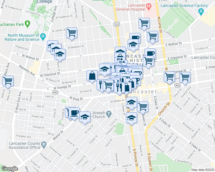 map of restaurants, bars, coffee shops, grocery stores, and more near 20 North Mulberry Street in Lancaster