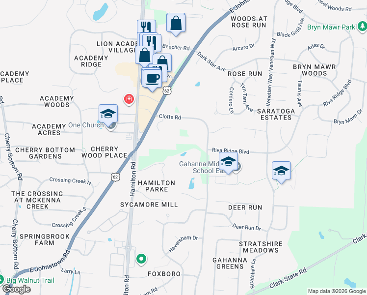 map of restaurants, bars, coffee shops, grocery stores, and more near 3925 Clotts Road in Columbus