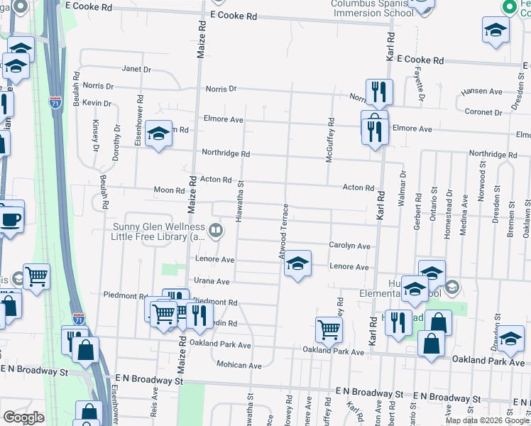 map of restaurants, bars, coffee shops, grocery stores, and more near 1139 Pauline Avenue in Columbus