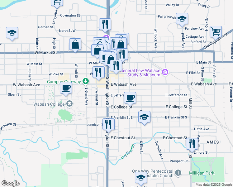 map of restaurants, bars, coffee shops, grocery stores, and more near 201 East Jefferson Street in Crawfordsville