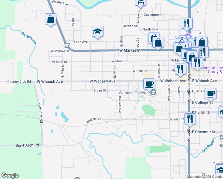 map of restaurants, bars, coffee shops, grocery stores, and more near 406 Meadow Avenue in Crawfordsville