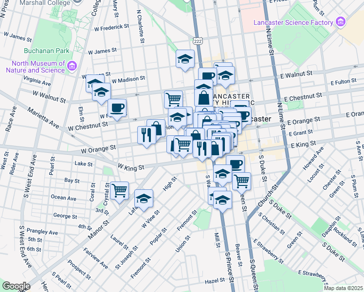 map of restaurants, bars, coffee shops, grocery stores, and more near 35 North Mulberry Street in Lancaster