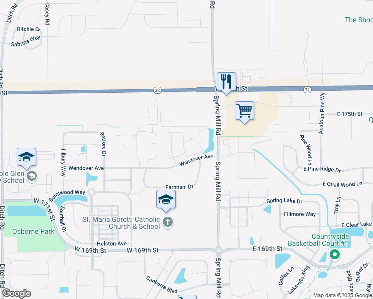 map of restaurants, bars, coffee shops, grocery stores, and more near 17301 Sunset Maple Lane in Westfield