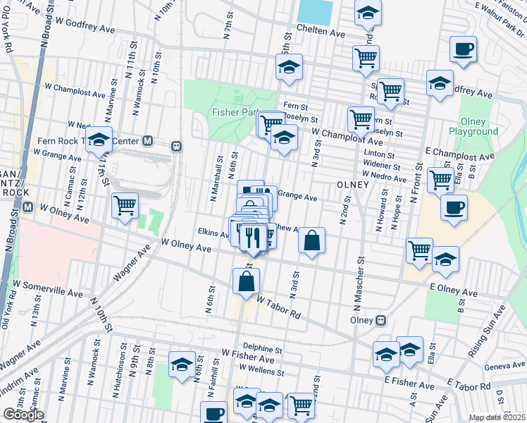 map of restaurants, bars, coffee shops, grocery stores, and more near 5721 North 5th Street in Philadelphia