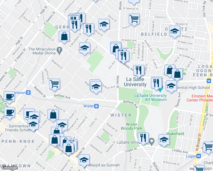 map of restaurants, bars, coffee shops, grocery stores, and more near 5217 West Clarkson Avenue in Philadelphia