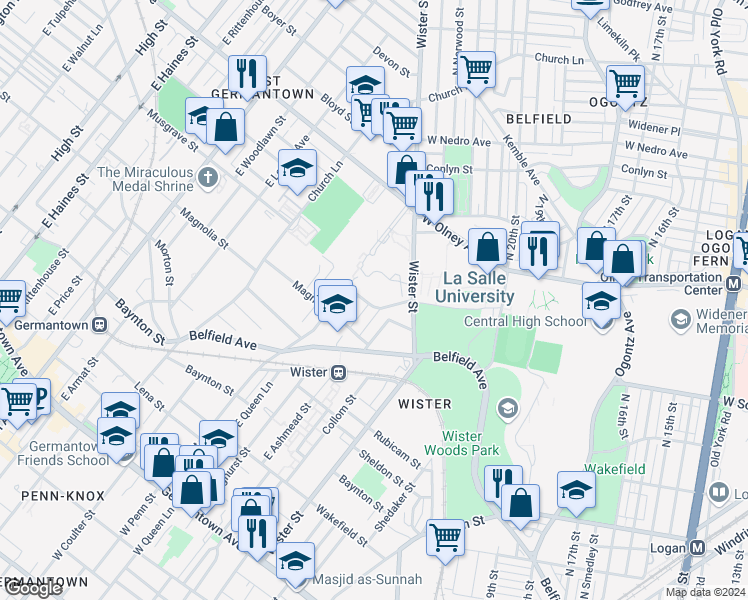 map of restaurants, bars, coffee shops, grocery stores, and more near 5217 West Clarkson Avenue in Philadelphia