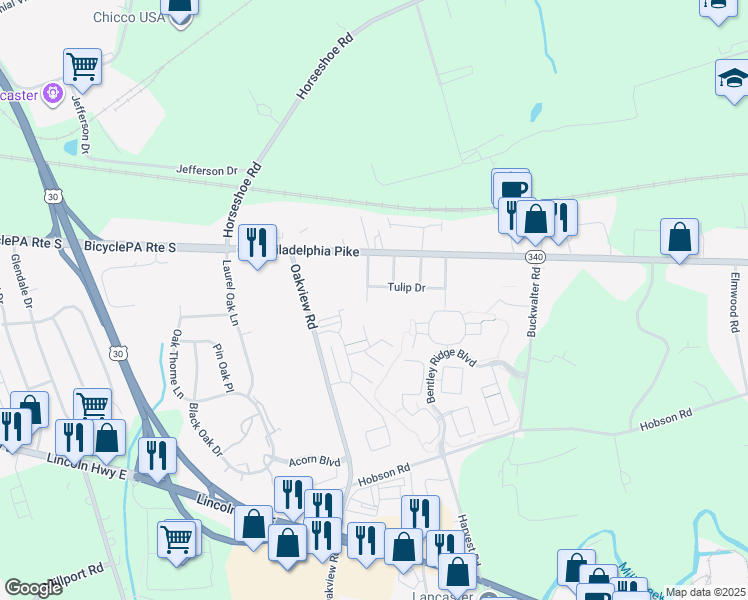 map of restaurants, bars, coffee shops, grocery stores, and more near 143 Rose Drive in Lancaster
