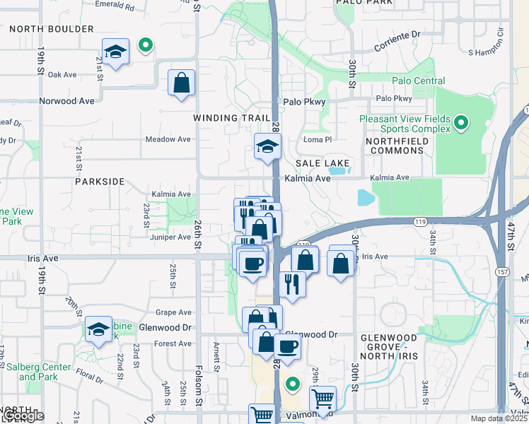 map of restaurants, bars, coffee shops, grocery stores, and more near 3478 28th Street in Boulder