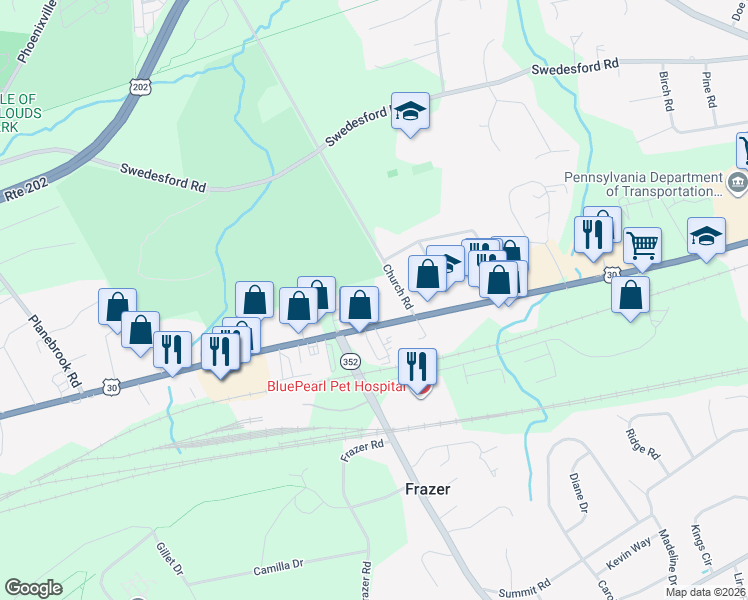 map of restaurants, bars, coffee shops, grocery stores, and more near 20 Maxwell Lane in Malvern