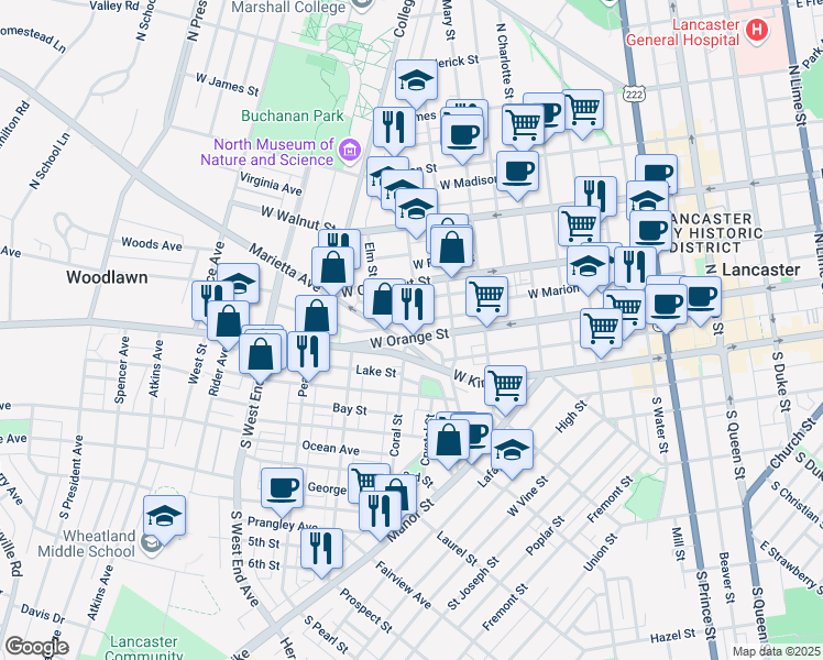 map of restaurants, bars, coffee shops, grocery stores, and more near 605 West Orange Street in Lancaster