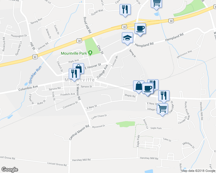 map of restaurants, bars, coffee shops, grocery stores, and more near 154 East Main Street in Mountville