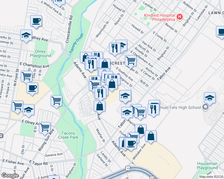 map of restaurants, bars, coffee shops, grocery stores, and more near 501 Adams Avenue in Philadelphia