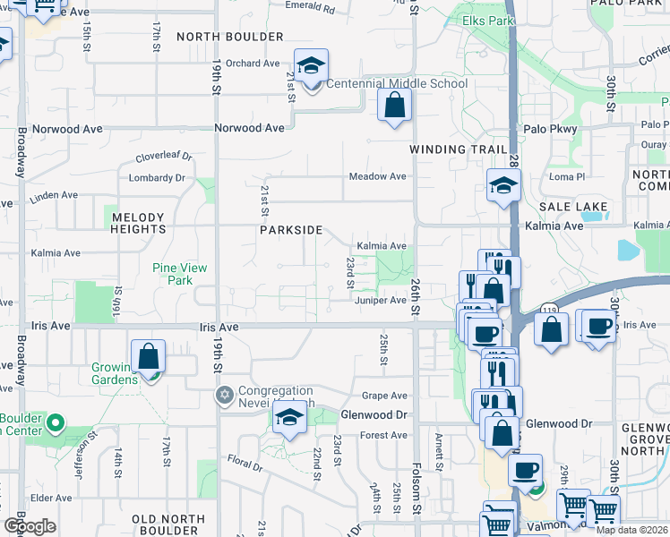 map of restaurants, bars, coffee shops, grocery stores, and more near 2247 Juniper Court in Boulder