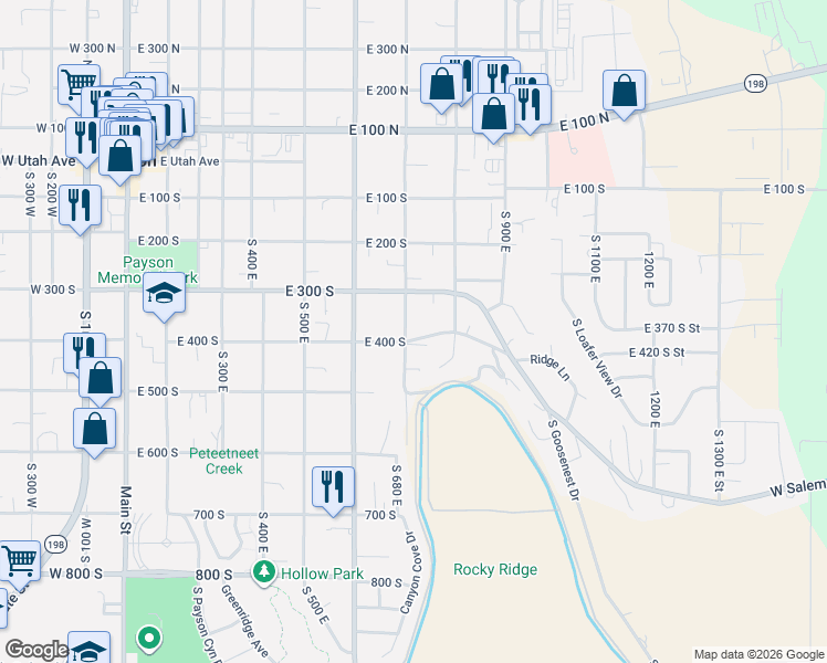 map of restaurants, bars, coffee shops, grocery stores, and more near 391 South 700 East in Payson