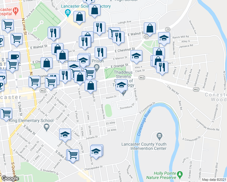 map of restaurants, bars, coffee shops, grocery stores, and more near 727 East End Avenue in Lancaster