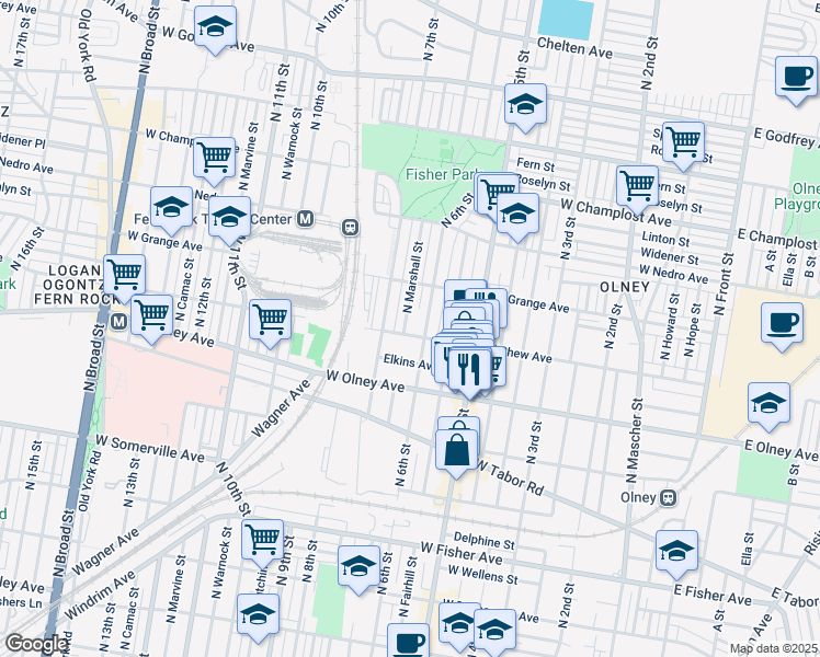 map of restaurants, bars, coffee shops, grocery stores, and more near 5705 N Marshall St in Philadelphia