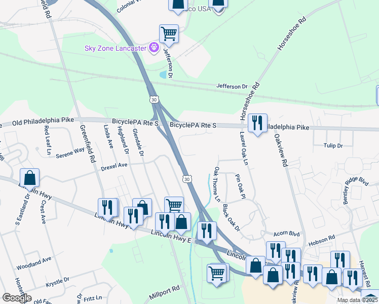 map of restaurants, bars, coffee shops, grocery stores, and more near 83 Midway Farms Lane in Lancaster
