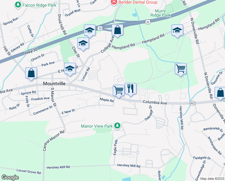 map of restaurants, bars, coffee shops, grocery stores, and more near 237 Oak Street in Mountville
