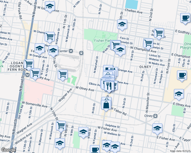 map of restaurants, bars, coffee shops, grocery stores, and more near 5705 N Marshall St in Philadelphia