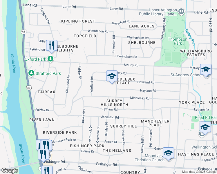 map of restaurants, bars, coffee shops, grocery stores, and more near 4101 Windermere Road in Columbus