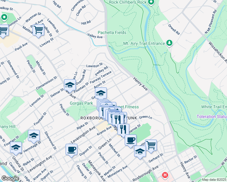 map of restaurants, bars, coffee shops, grocery stores, and more near 565 Gates Street in Philadelphia