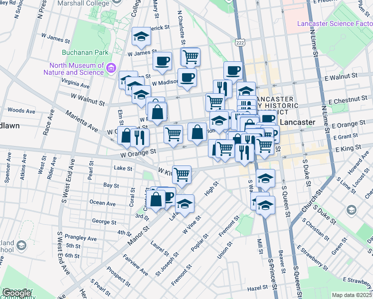 map of restaurants, bars, coffee shops, grocery stores, and more near 422 West Orange Street in Lancaster