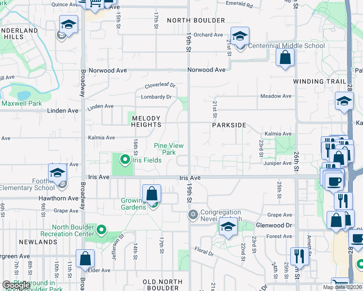 map of restaurants, bars, coffee shops, grocery stores, and more near 3500 Catalpa Way in Boulder
