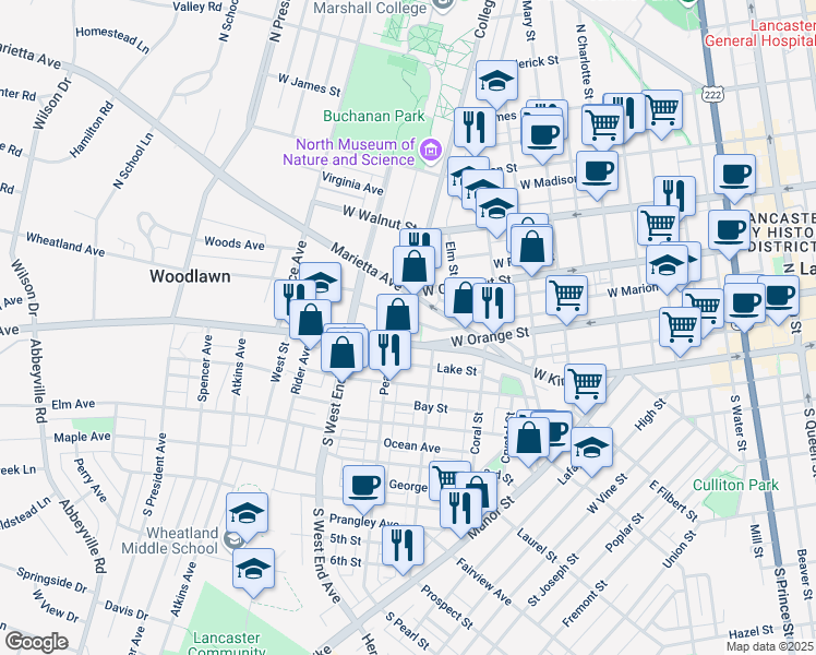 map of restaurants, bars, coffee shops, grocery stores, and more near 117 College Avenue in Lancaster