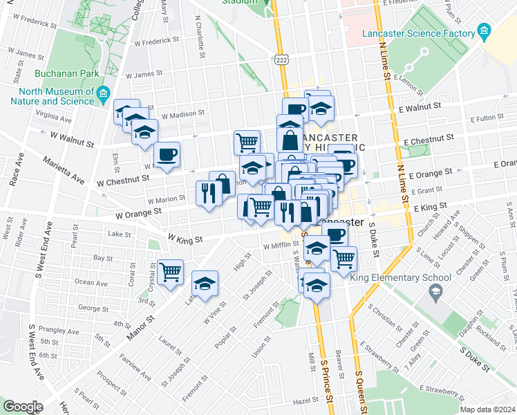 map of restaurants, bars, coffee shops, grocery stores, and more near 35 1/2 North Mulberry Street in Lancaster