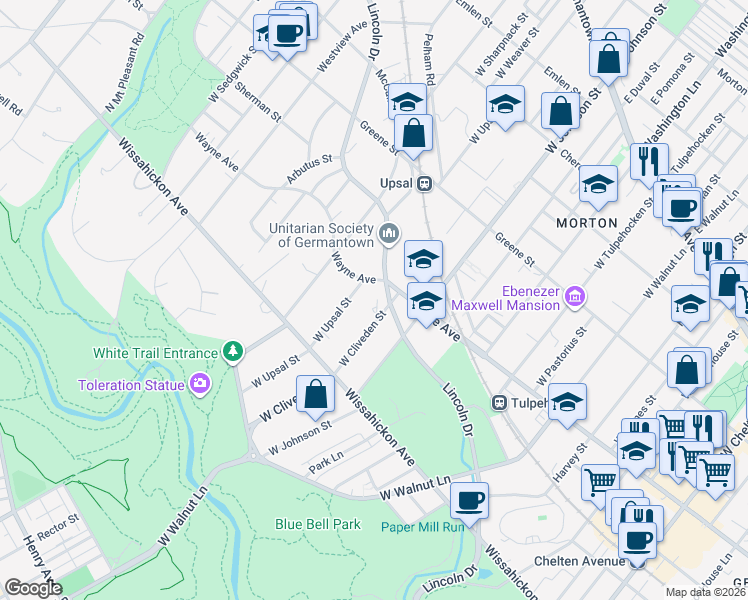 map of restaurants, bars, coffee shops, grocery stores, and more near 601 West Cliveden Street in Philadelphia