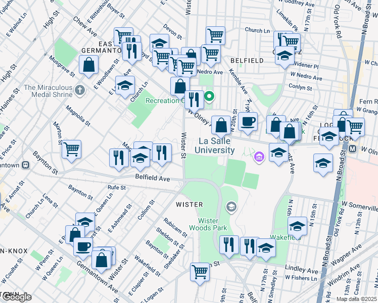 map of restaurants, bars, coffee shops, grocery stores, and more near 5401 East Wister Street in Philadelphia